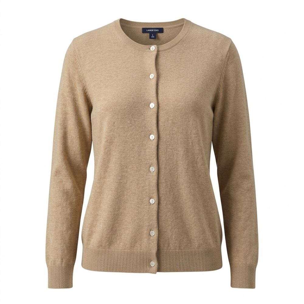 Lands' End Women's Beige Fine Knit Button Crewneck Cardigan Sweater XL 18-20